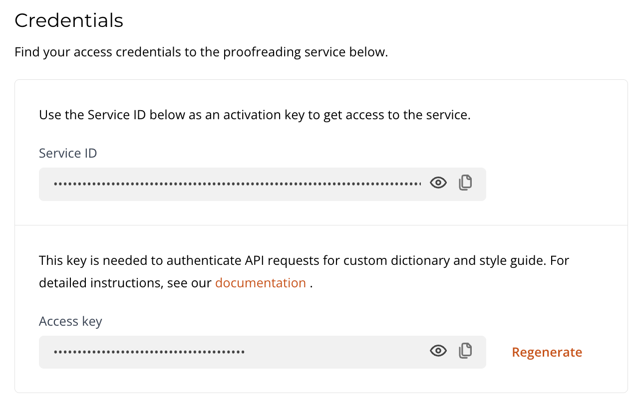 Credentials page showing Service ID and Access key fields