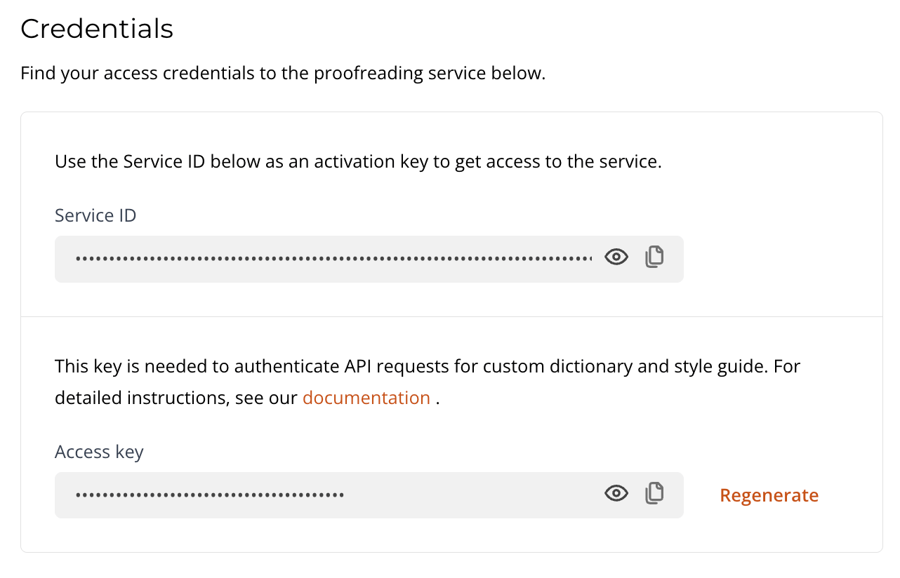 Credentials page showing Service ID and Access key fields