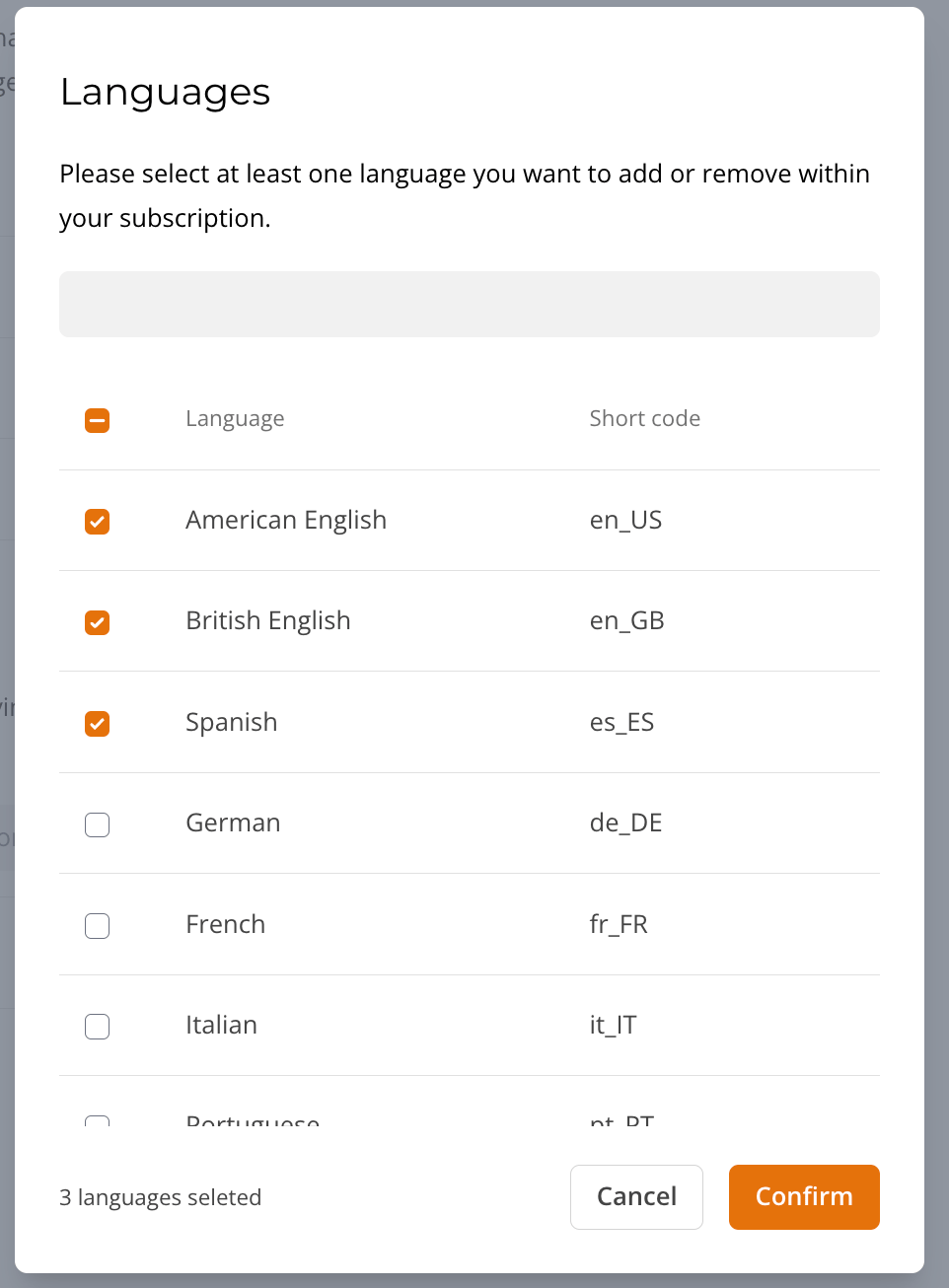 Languages selection dialog