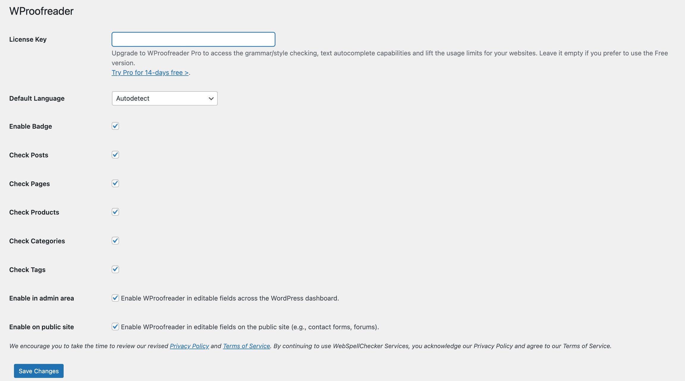 WProofreader settings page showing License Key, Default Language, and content type checkboxes